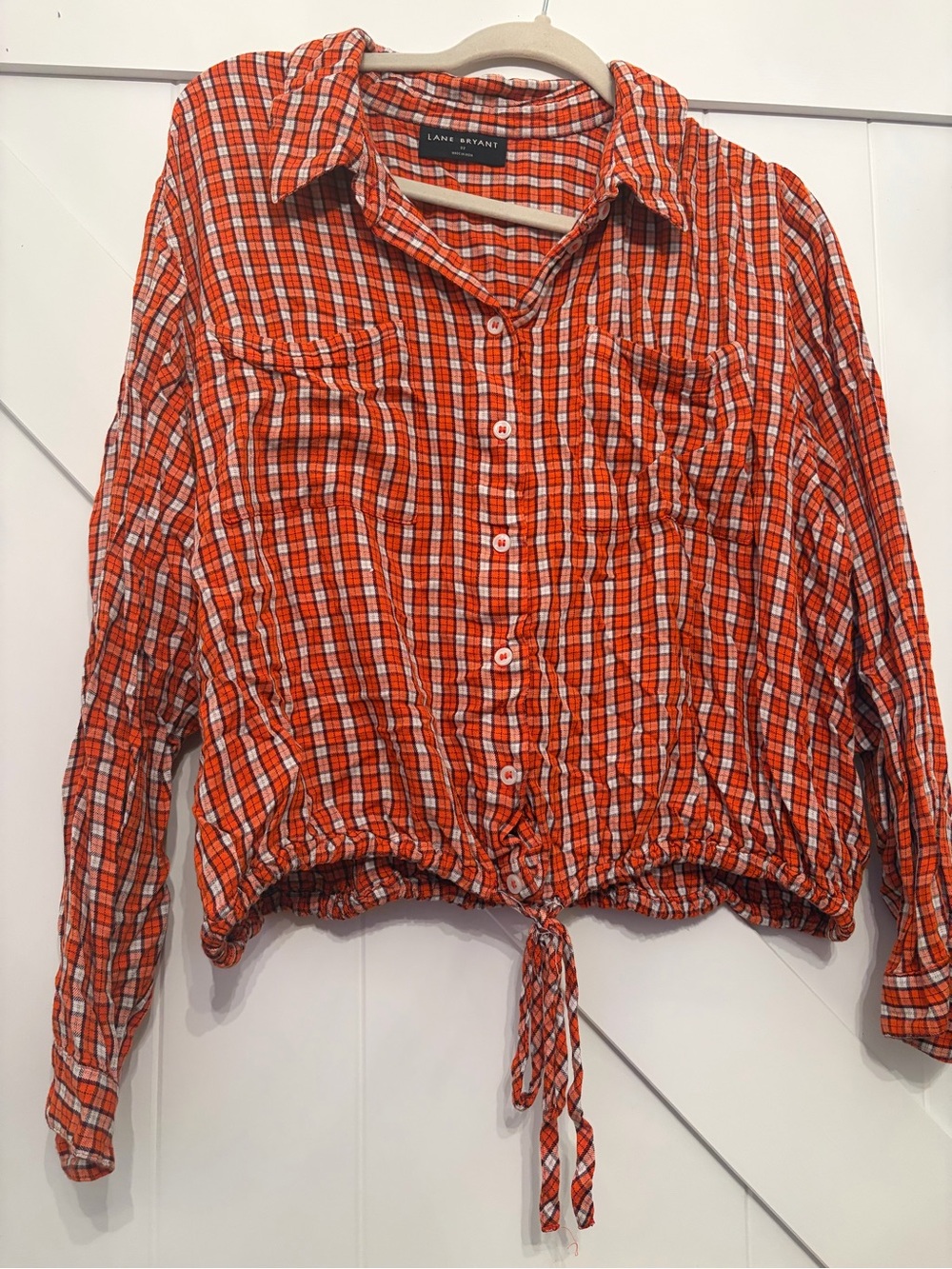 Lane Bryant Orange & White Plaid Tie-Front Button-Down Shirt